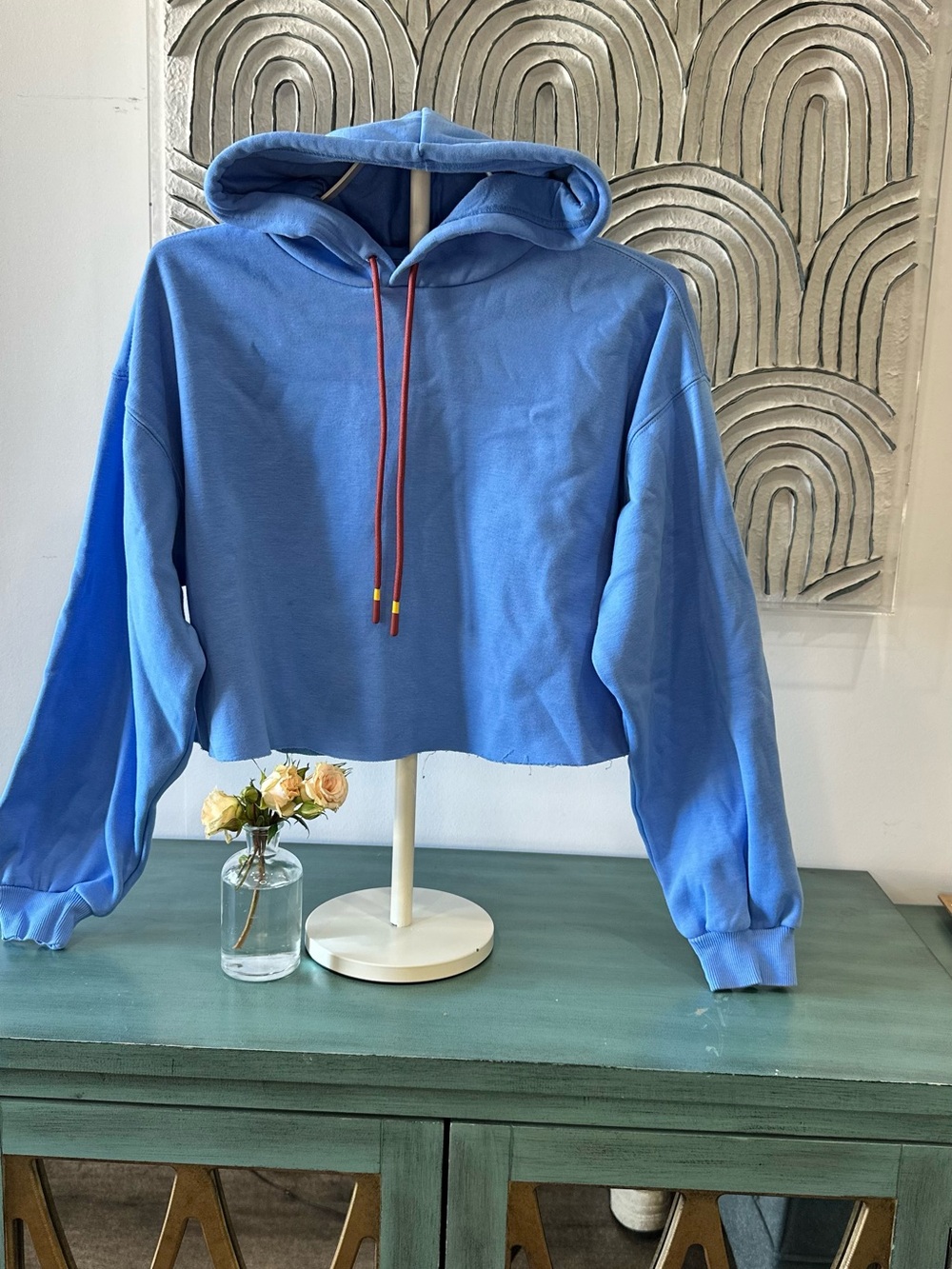 Fabletics Blue Cropped Hoodie with Red Drawstrings